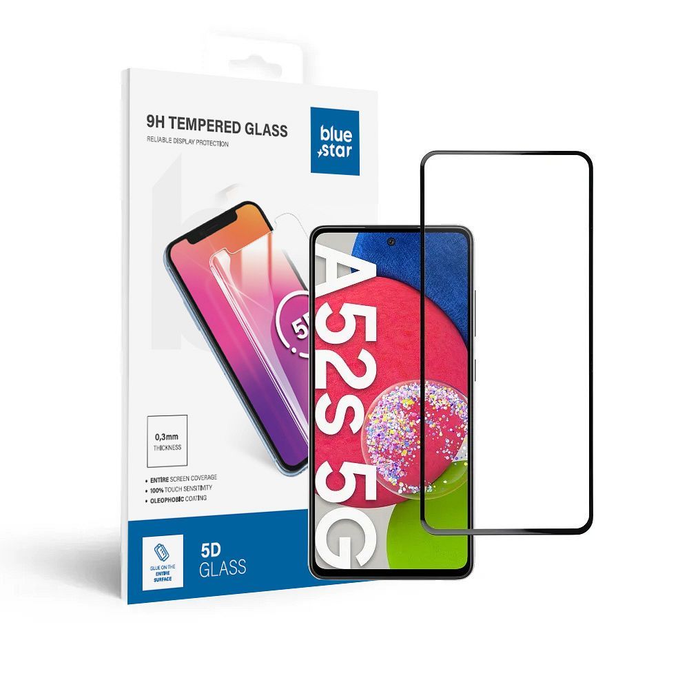 Apsauginis stiklas Blue Star - SAMSUNG A52/52s 5G/LTE pilnas paviršius (pilnas klijavimas su rėmeliu/mažas dydis) - juodas Apsauginis stiklas Blue Star