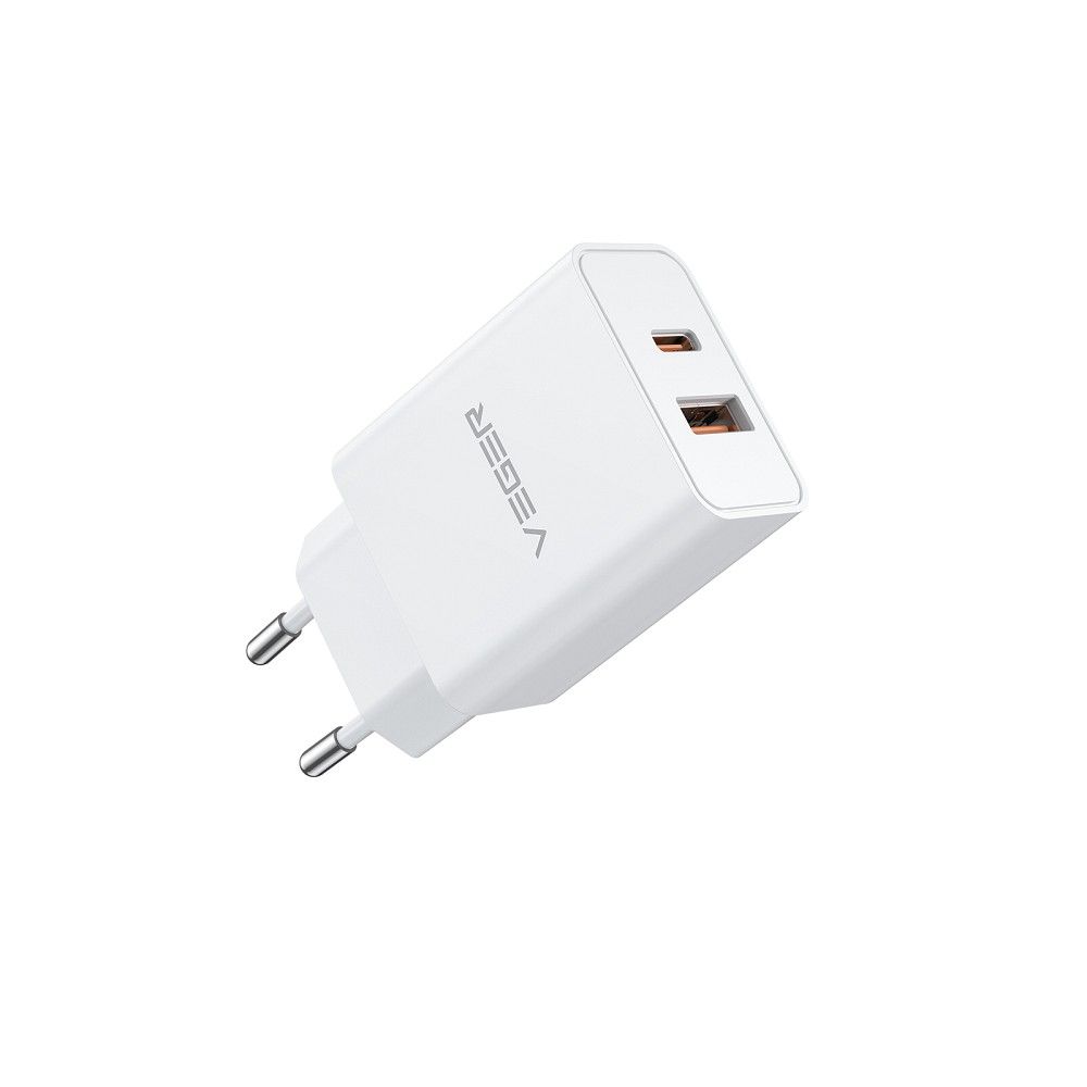 VEGER kelioninis įkroviklis USB A + Type C PD QC3.0 3A 30W VLS302U baltas
