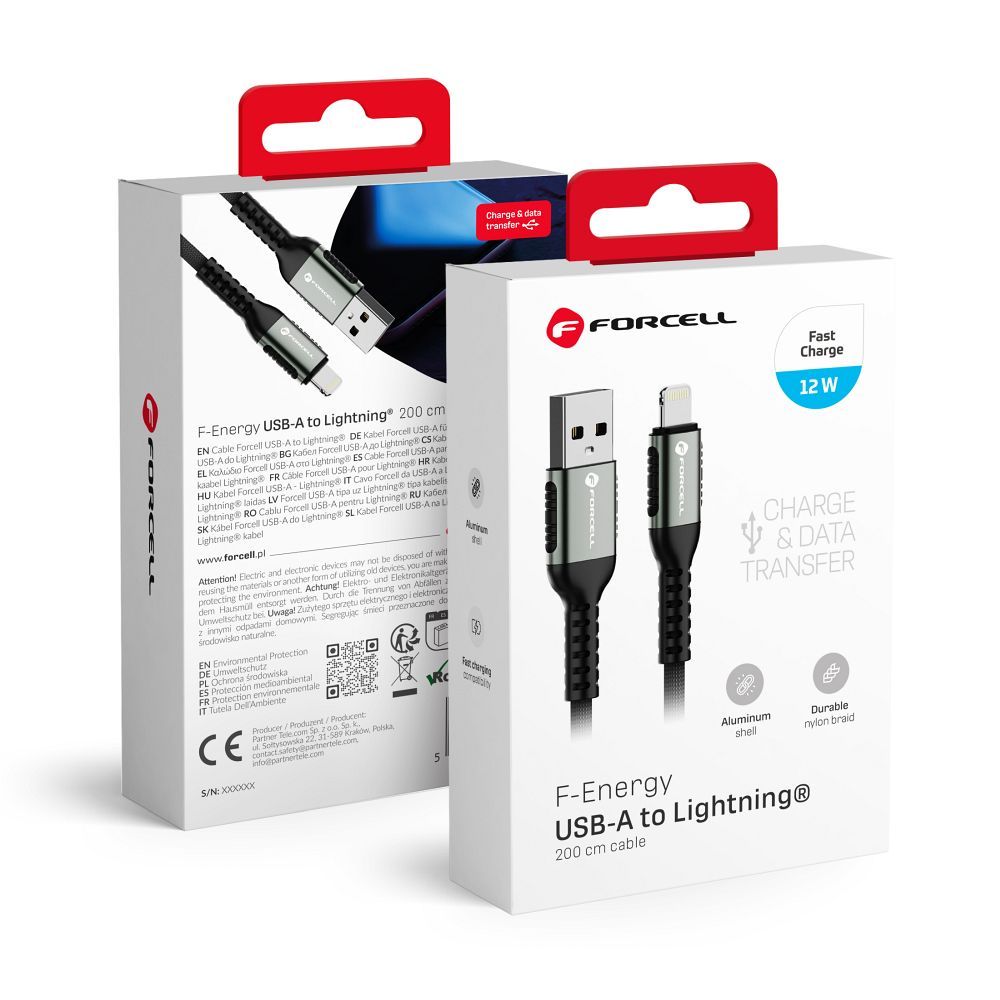 FORCELL F-ENERGY C257 kabelis USB A į Lightning 2,4A 12W Cafule 2 m juodas