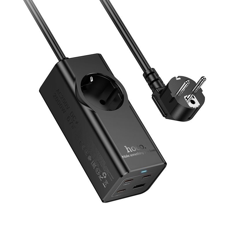 Maitinimo juosta 2 m Hoco 1 lizdas + USB A + 3 x USB C QC3.0 PD 3A 67W NS9 juoda