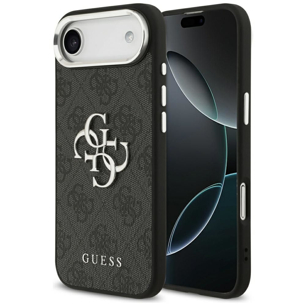 GUESS dėklas telefonui IPHONE 17 Air GUHCP17MP4G4SMCK (4G PU odos dėklas su dideliu 4G ir klasikiniu logotipu bei sidabriniu metaliniu kameros rėmeliu) juodas