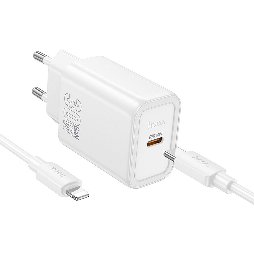 Įkroviklis telefonui Hoco USB C QC PD 30W + kabelis USB C į Lightning N62 baltas