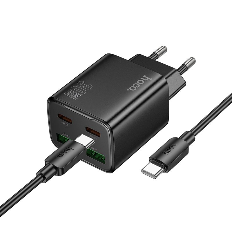 Įkroviklis telefonui Hoco 2 x USB C + 2 x USB A QC3.0 PD 3A 30W + kabelis USB C į USB C N56 juodas