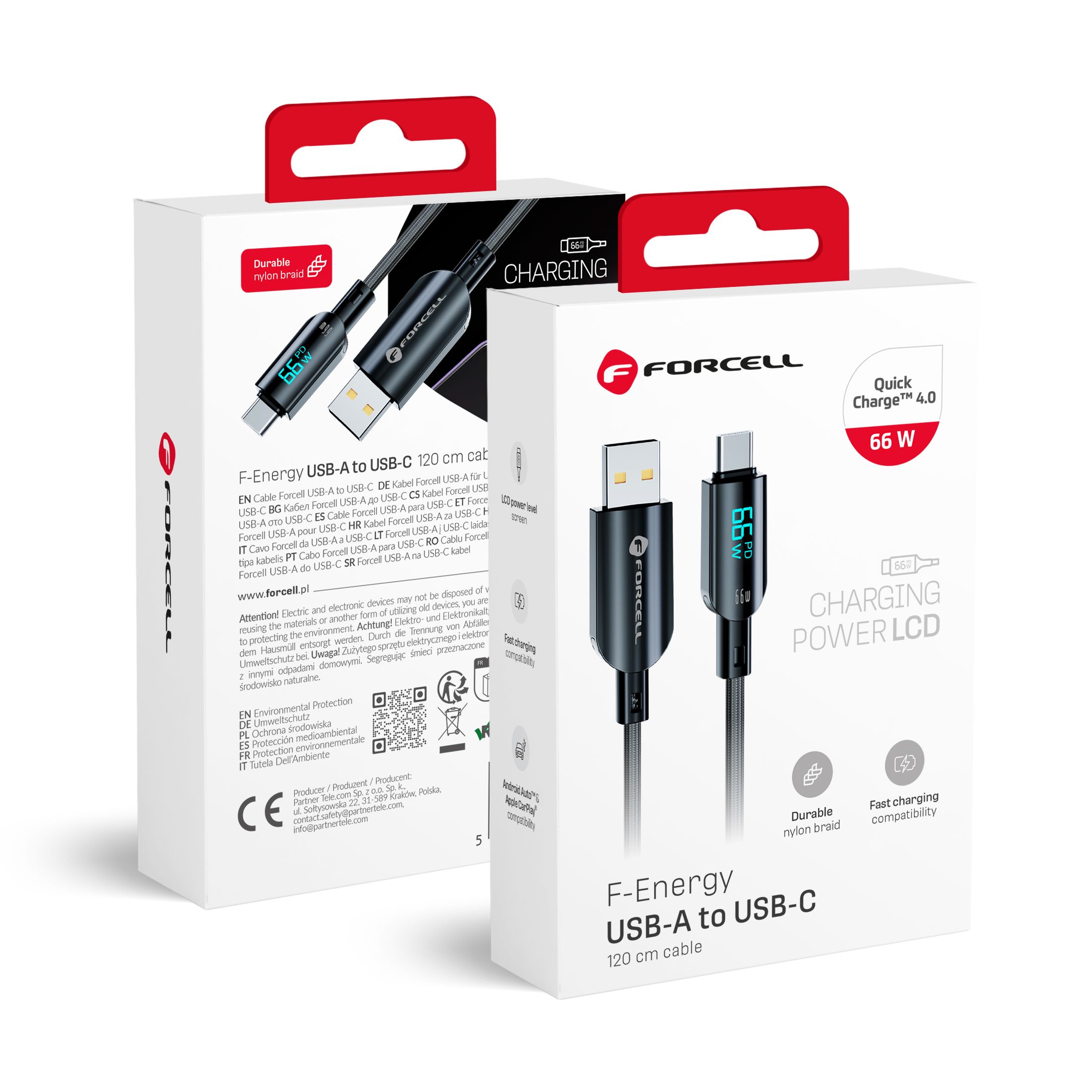FORCELL F-ENERGY C272 kabelis USB A į Type C QC4.0 3A 66W Skaitmeninis 1,2 m juodas