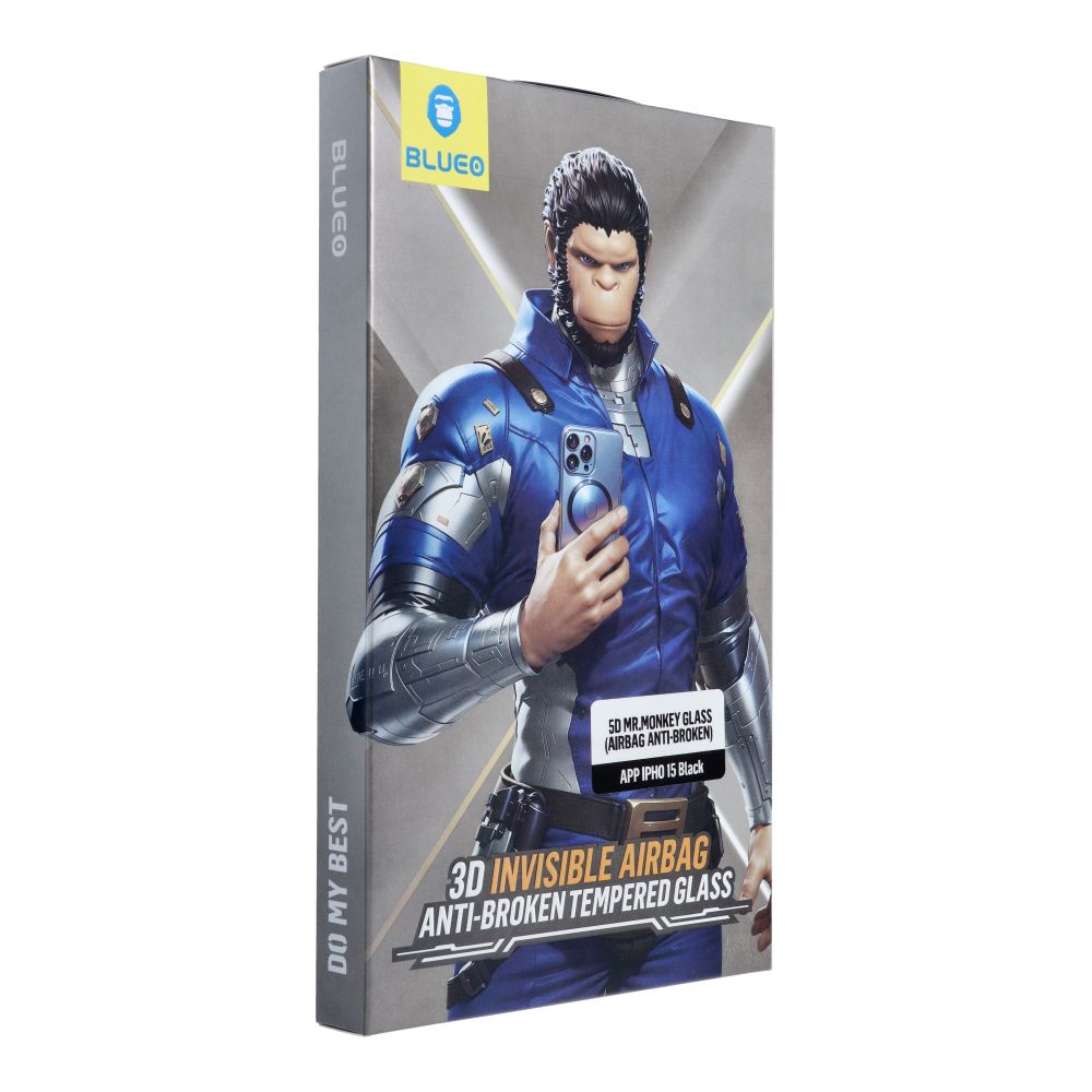 5D Mr. Monkey Glass - Apple iPhone 15 juodas (Airbag anti-sulaužymo)