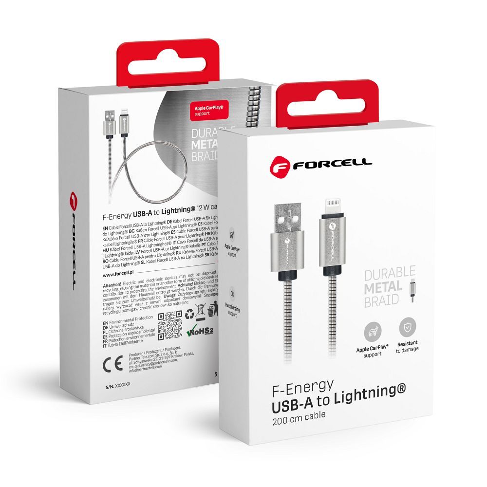 FORCELL F-ENERGY Metal C236 kabelis USB A į Lightning 2,4A 12W 2 m sidabrinis