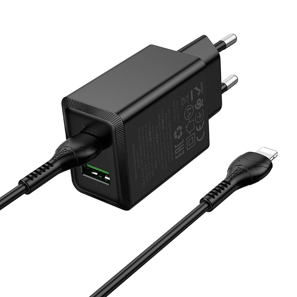 Įkroviklis telefonui Hoco USB A + USB C QC3.0 PD AFC 3A 30W + kabelis USB C į USB C N71 juodas