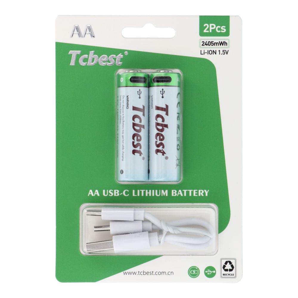 TCBEST įkraunama baterija R6 (AA) 1600 mAh su lizdu Type C + kabelis USB A į 2 x Type C 2 vnt.