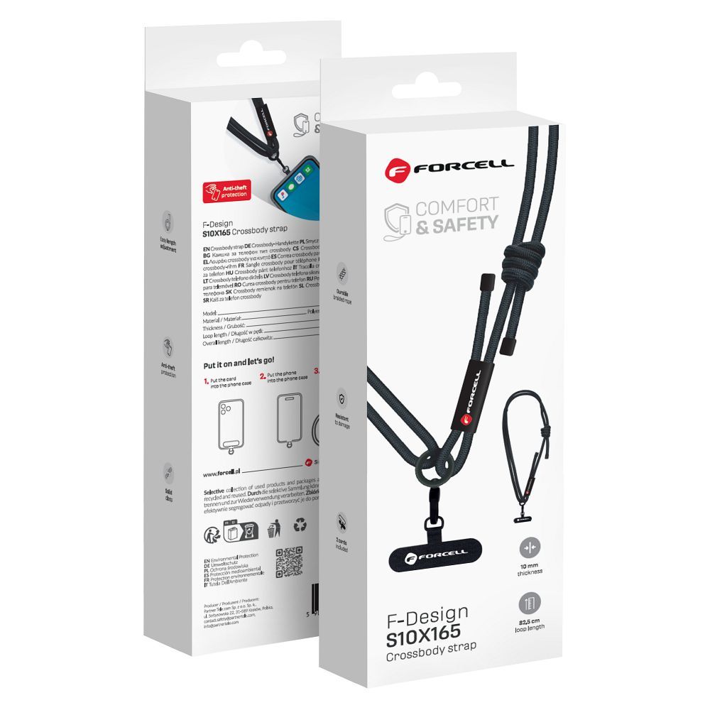 FORCELL F-DESIGN S10X165 kryžminė telefono virvelė su reguliuojamu ilgiu (maks. 82,5cm kilpoje) juoda