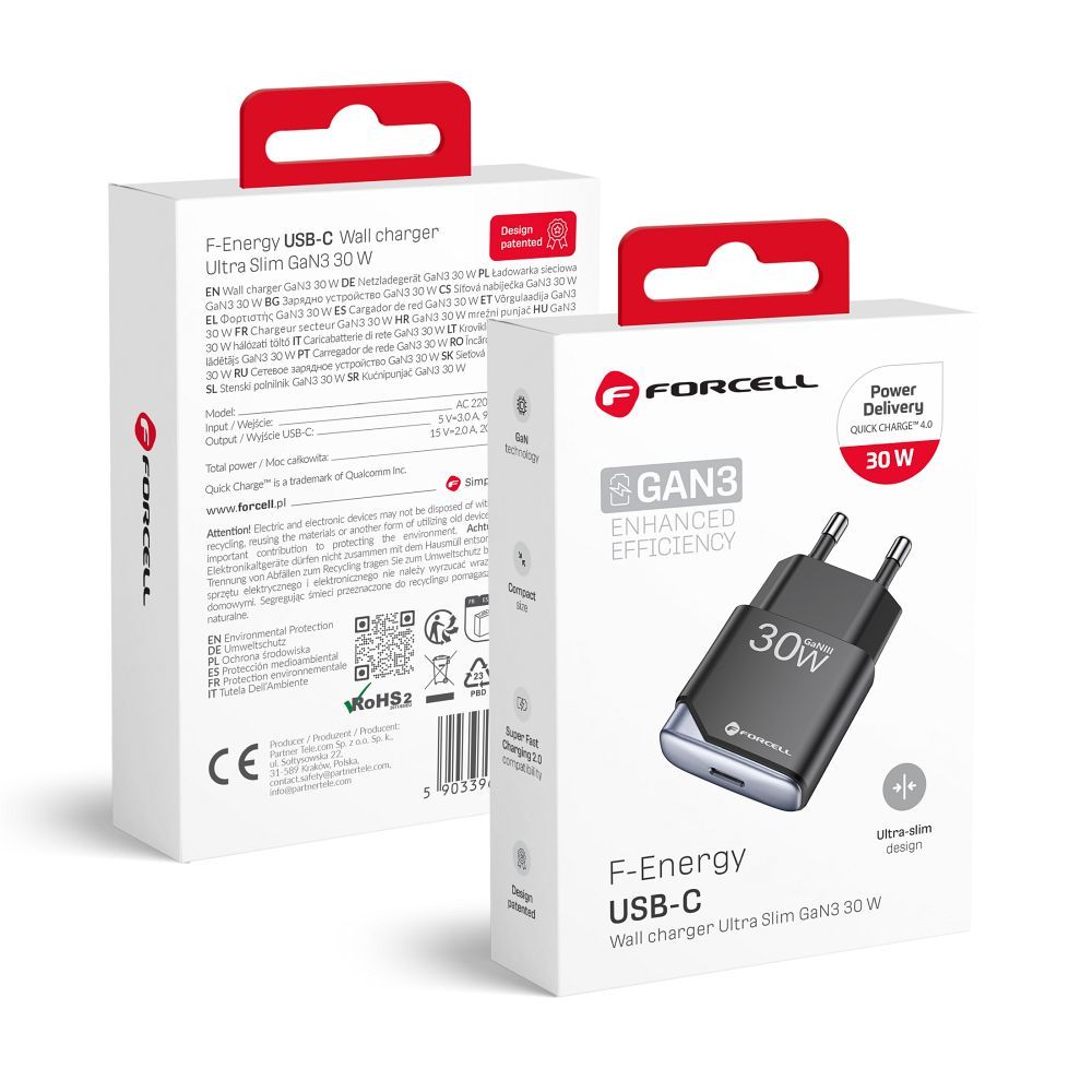 FORCELL F-ENERGY GaN III B130101-E itin plonas kelioninis įkroviklis 1 x Type C + USB A PD QC4.0 3A 30W juodas