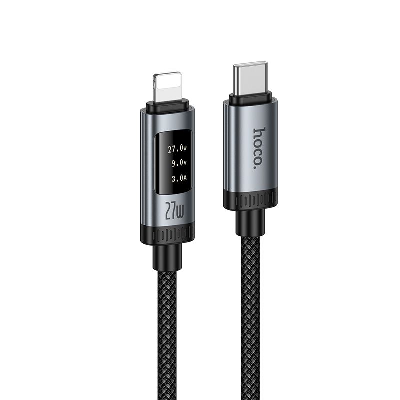 Duomenų kabelis su skaitmenine indikacija USB C į Lightning Hoco PD 27W 1,2 m U148 juodas