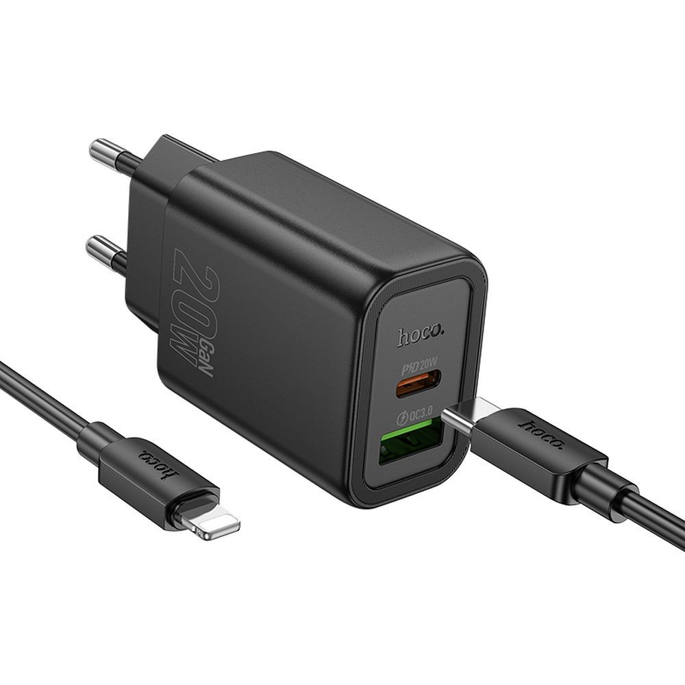 Įkroviklis telefonui Hoco USB A + USB C QC3.0 PD 3A 20W + kabelis USB C į USB C N61 juodas