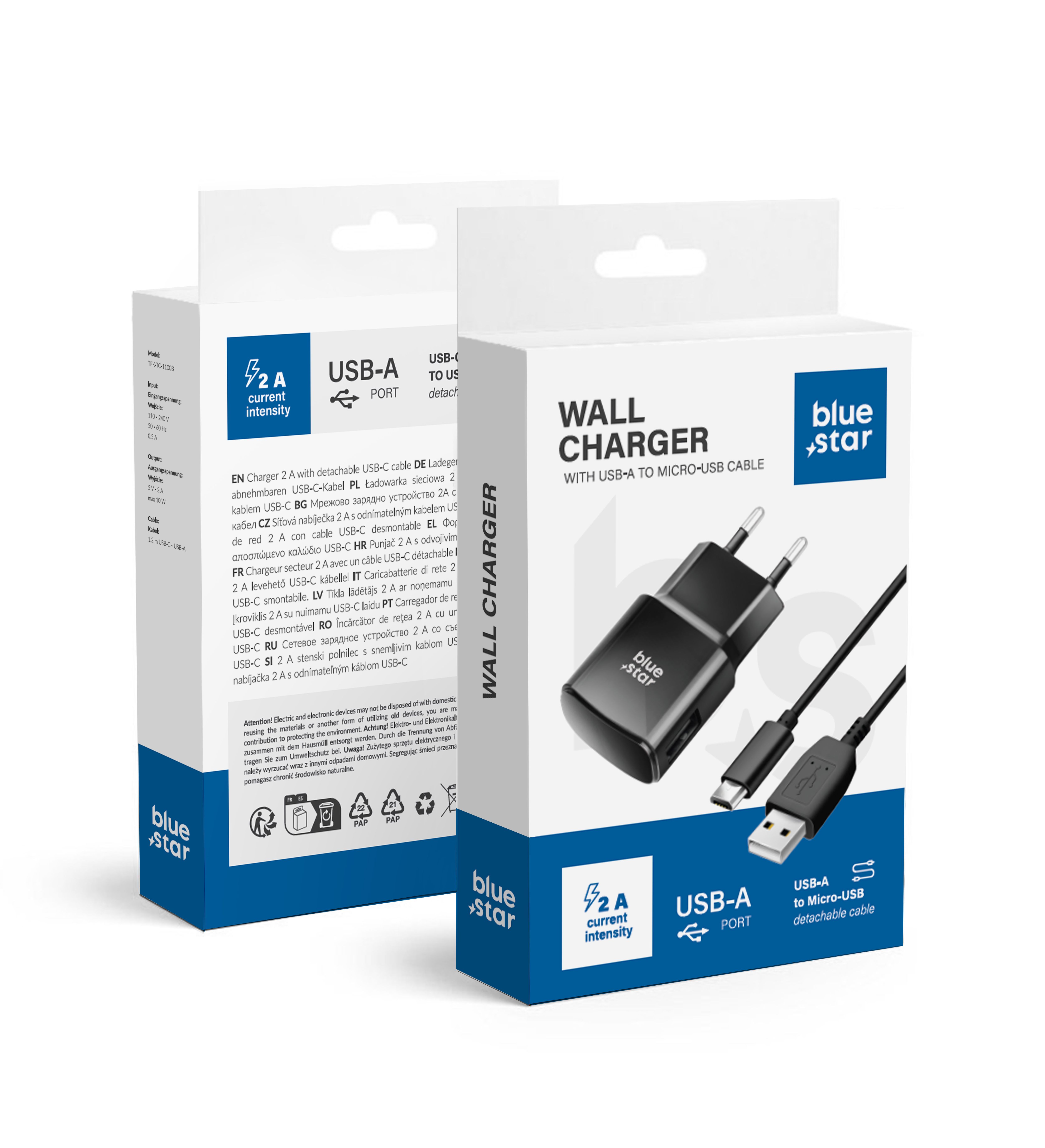 BLUE STAR kelioninis įkroviklis 2A 10W USB A + kabelis USB A į Micro USB TFK-TC-1100B juodas