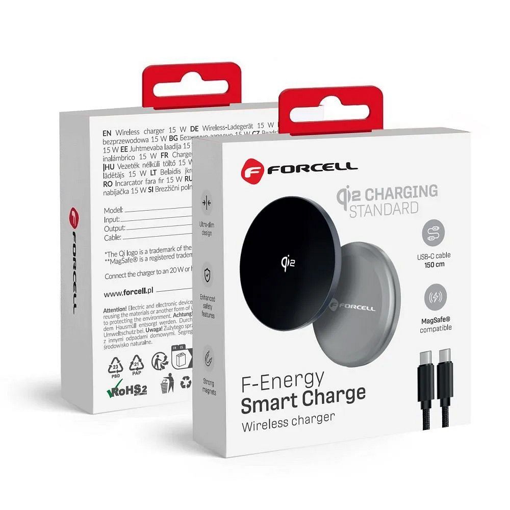 FORCELL F-ENERGY Smart Charge Qi2 15W belaidis įkroviklis su 150cm nuimamu kabeliu suderinamas su MagSafe sidabrinis