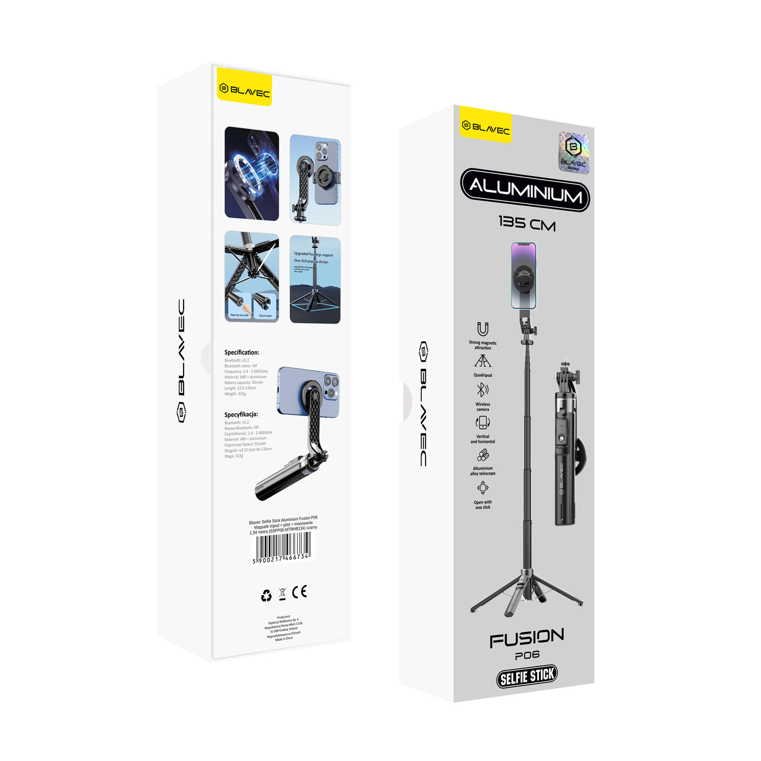 Blavec Selfie lazda Aluminium Fusion P-06 MagSafe trikojis stovas + nuotolinio valdymo + laikiklis 1,34 metro - juodas