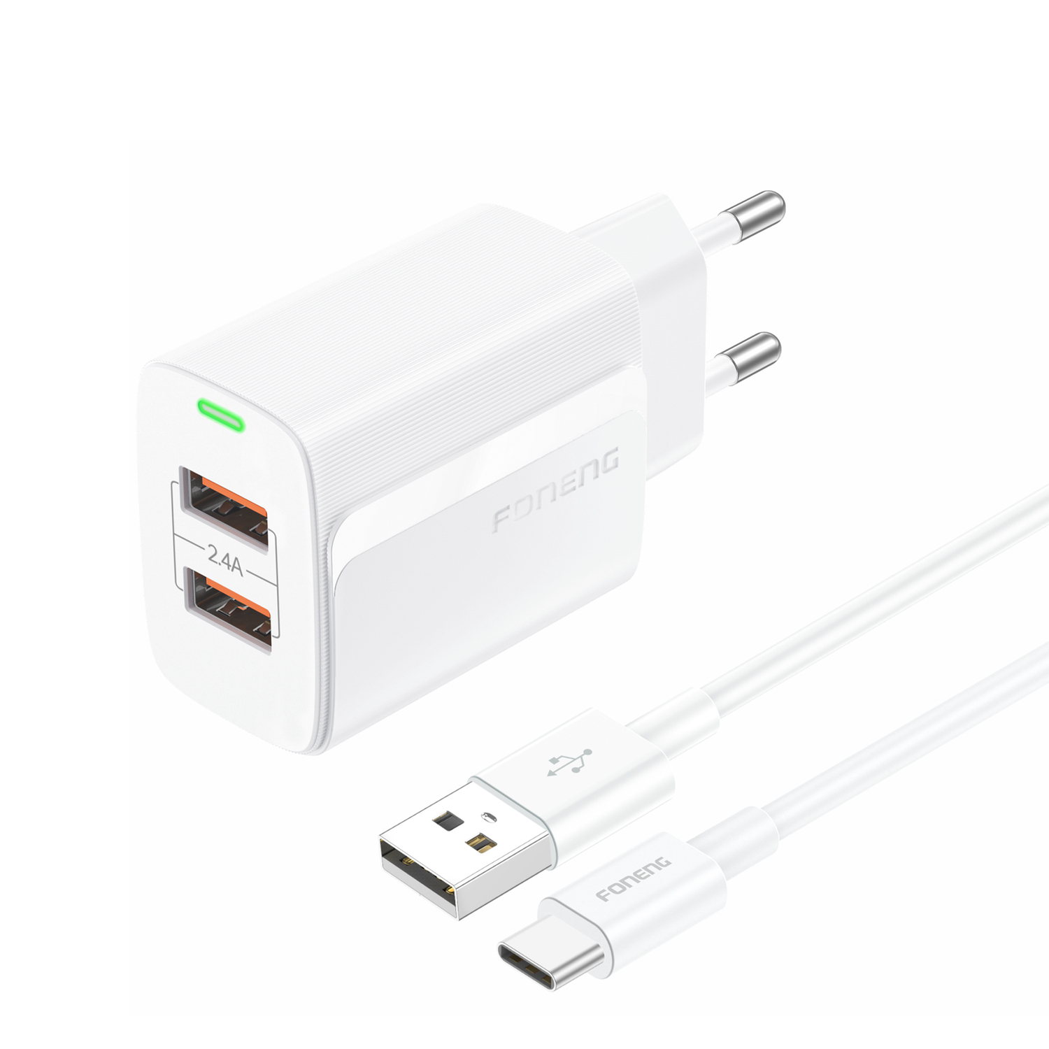 Foneng Sieninis įkroviklis EU63 - 2x USB - 12W su USB-C kabeliu baltas