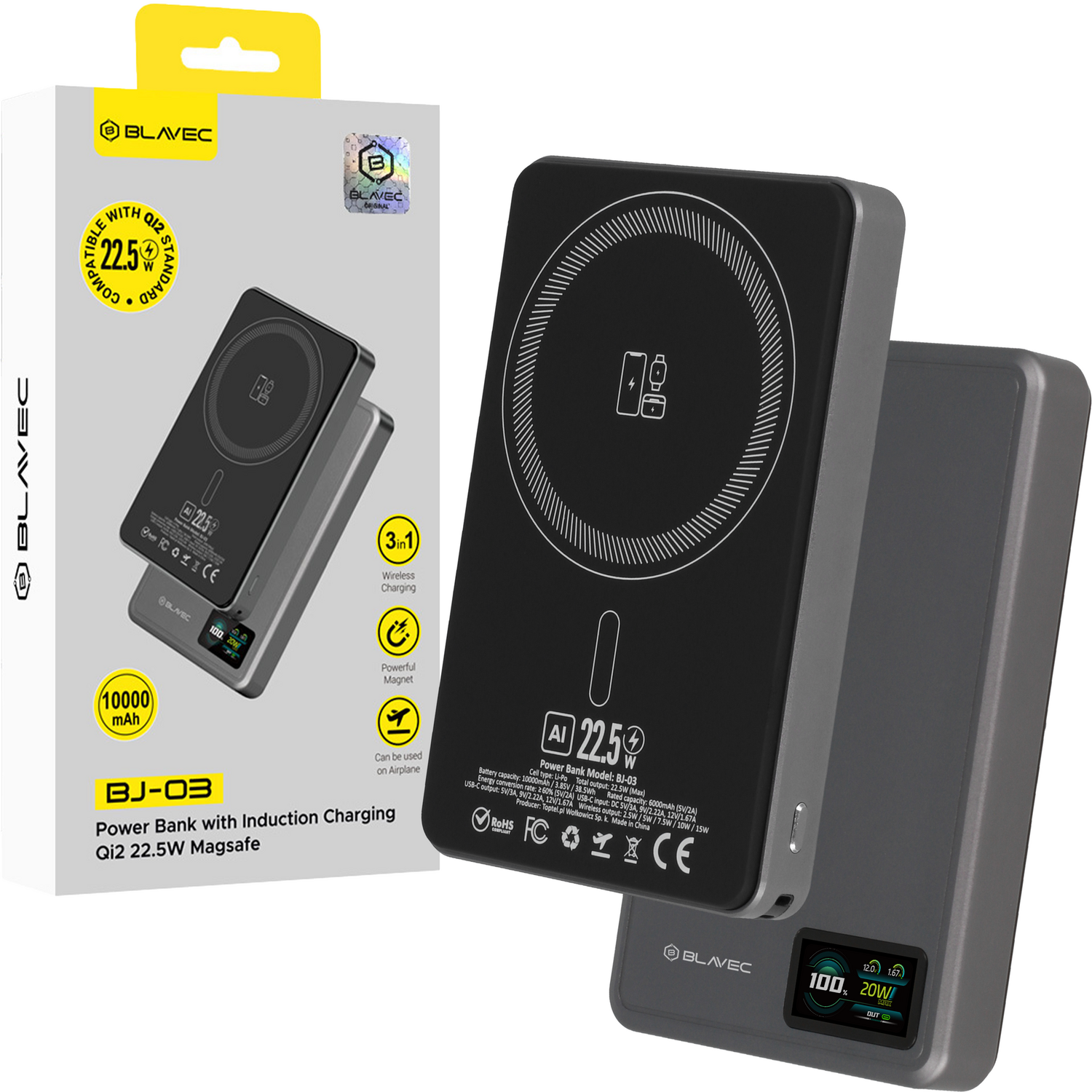 Blavec Išorinė baterija 10000mAh BJ-03 Plona 13,5mm - Type C - 22,5W magnetinė Magsafe 3 in 1 (PBBJ03-MC10G) pilka