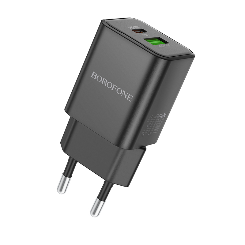 Borofone Sieninis įkroviklis BN14 Royal GaN - USB + Type C - QC 3.0 PD 30W juodas