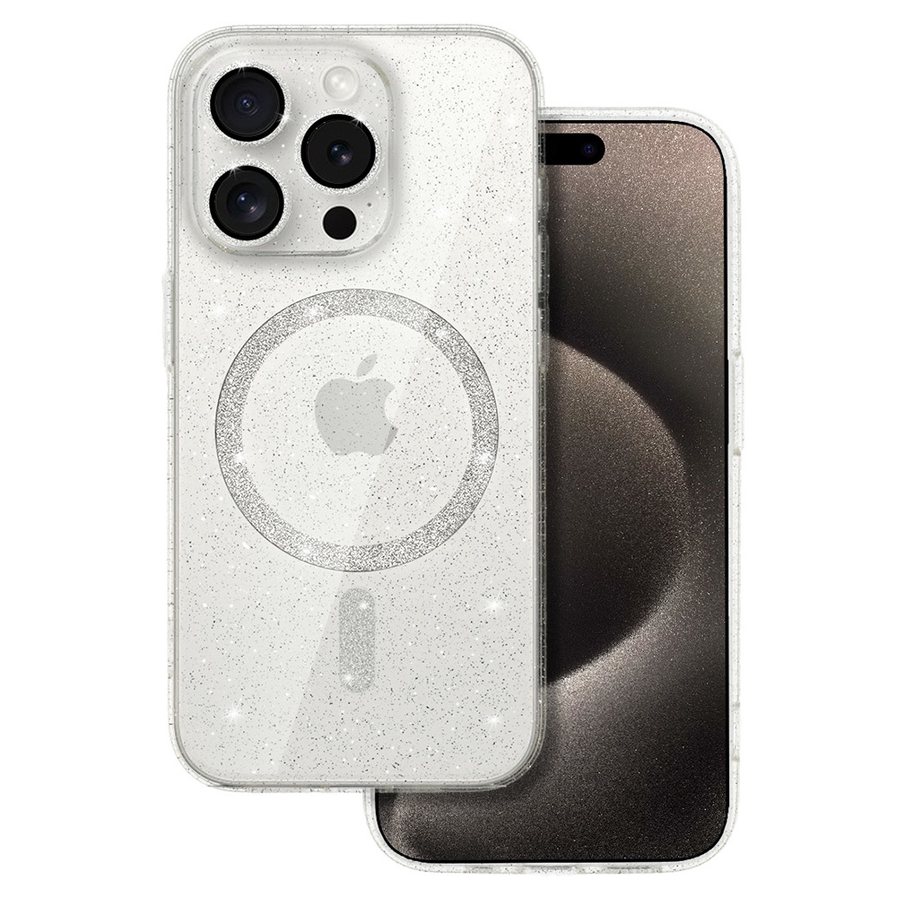 Blizgus magnetinis dėklas telefonui Iphone 15 skaidrus