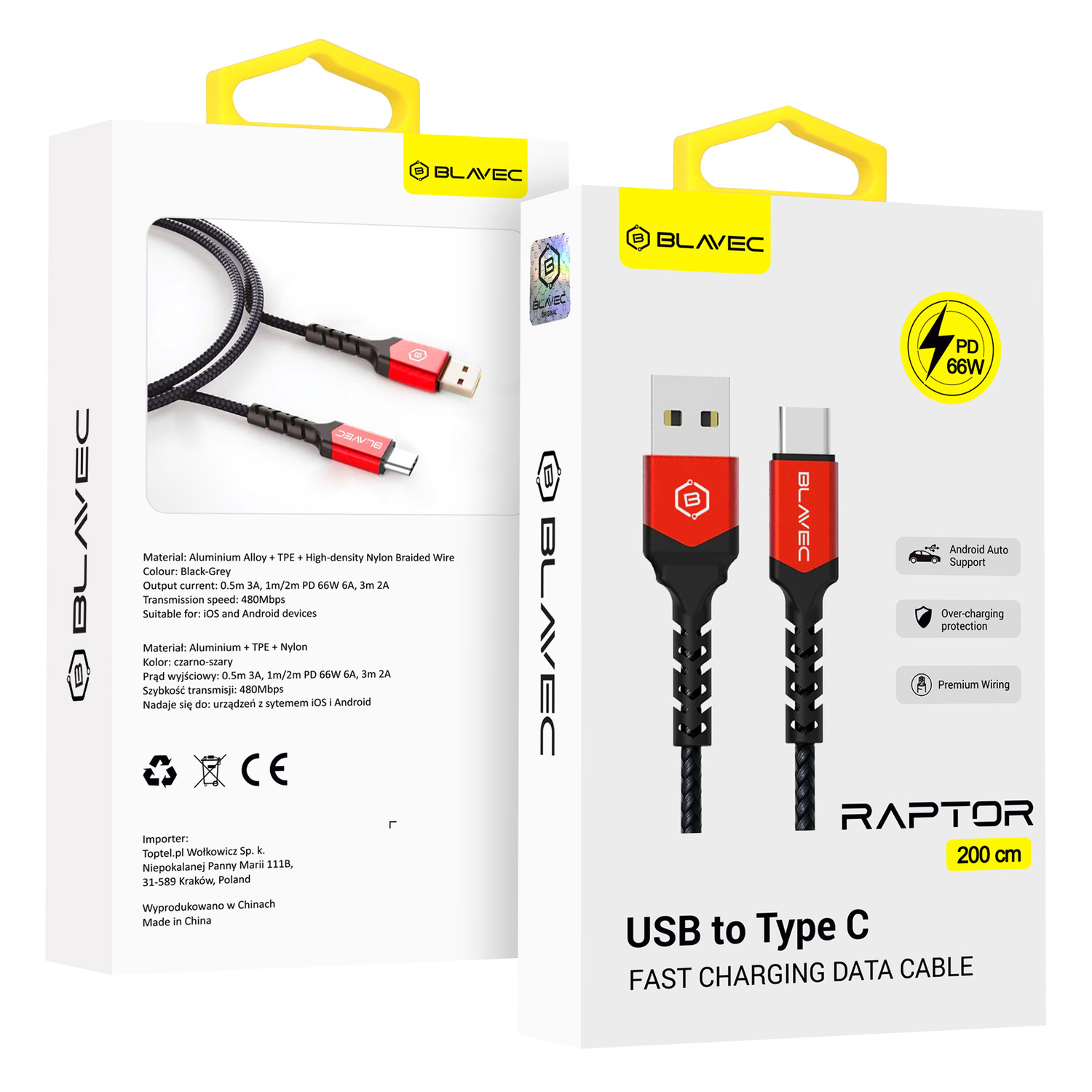 Kabelis Blavec Cable Raptor pluoštinis - USB į Type-C - PD 66W 6A 2 m Apple CarPlay/Android Auto (CRA-UC6BR20) juodas-raudonas