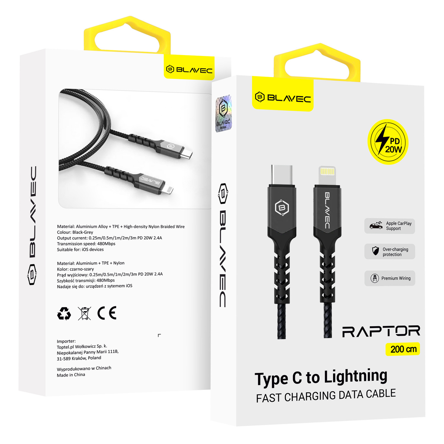 Blavec kabelis Raptor pintas - Type C į Lightning - PD 20W 2,4A 2 metrai Apple CarPlay (CRA-CL24BG20) juodas ir pilkas