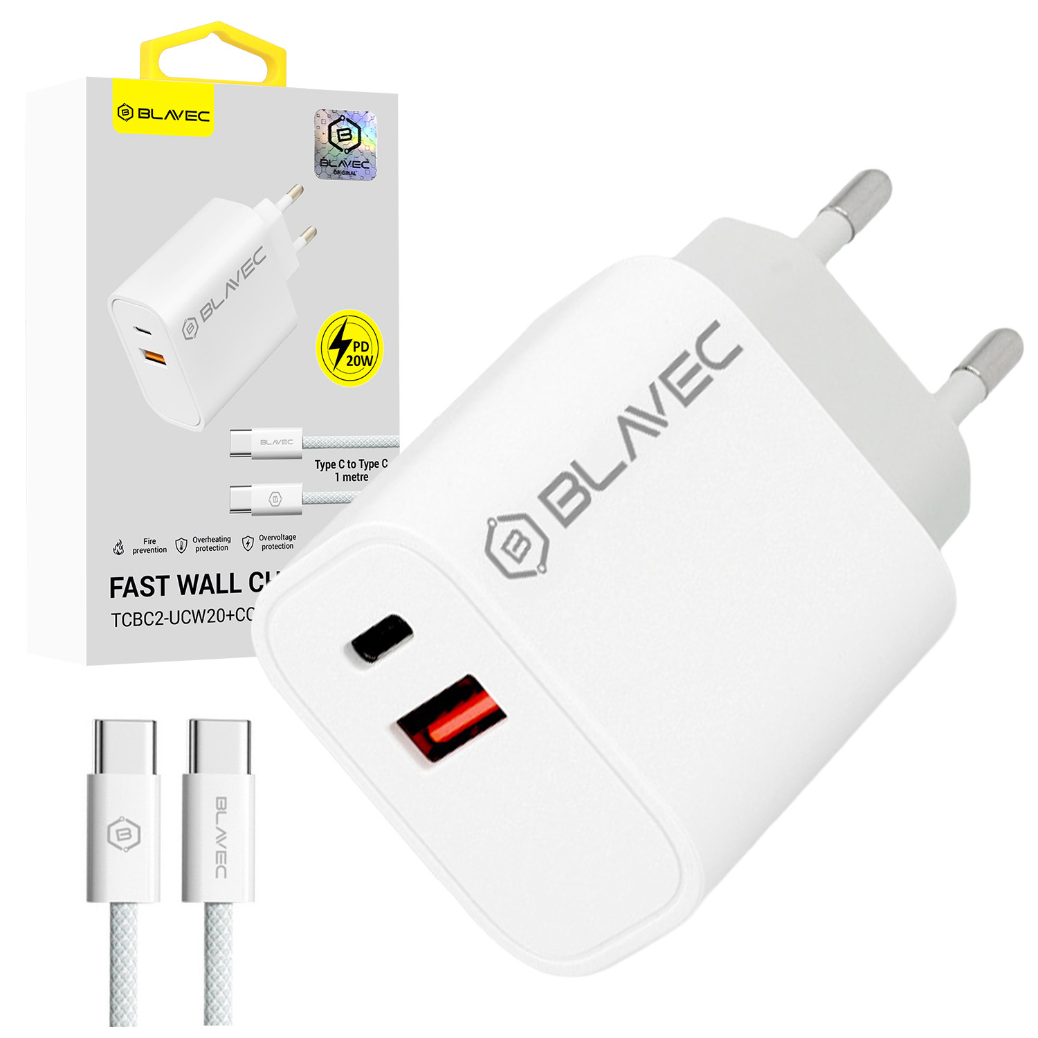 Blavec sieninis įkroviklis BC-2 - USB + Type C - QC 3.0 PD 20W su Type C į Type C kabeliu (TCBC2-UCW20+CC) baltas