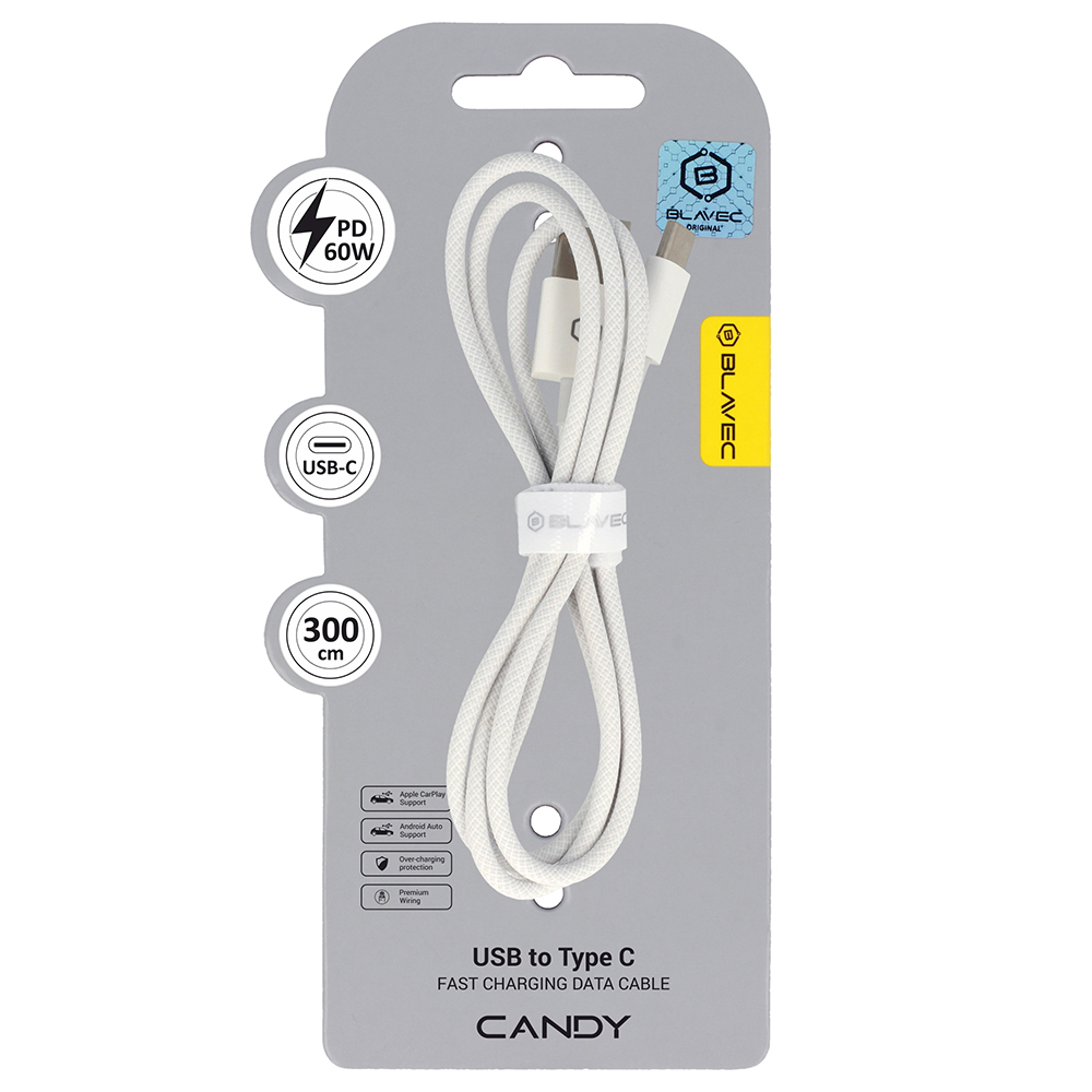 Blavec Kabelis Candy pynėtas - USB į Type C - PD 60W 3A 3 metrai Apple CarPlay/Android Auto (CCA-UC3W30) baltas