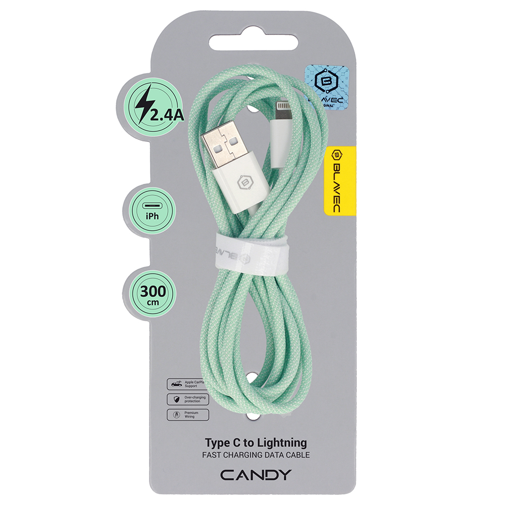 Blavec Kabelis Candy pynėtas - USB į Lightning - 2,4A 3 metrai Apple CarPlay (CCA-UL24GN30) žalias
