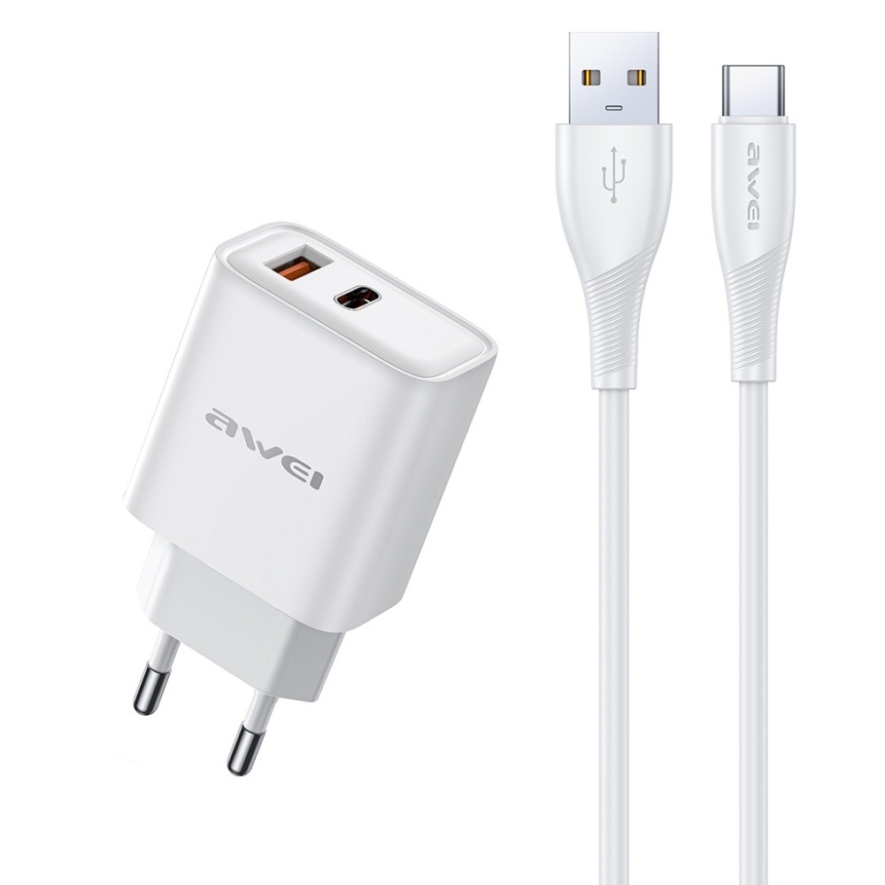 Įkroviklis Awei PD81T-EU 22.5W USB-A/USB-C + USB-A to USB-C cable 1.0m baltas