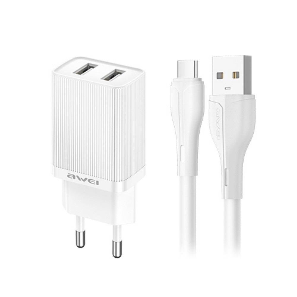 Įkroviklis Awei C15T-EU 10W 2xUSB-A + USB-A to USB-C cable 1.0m baltas