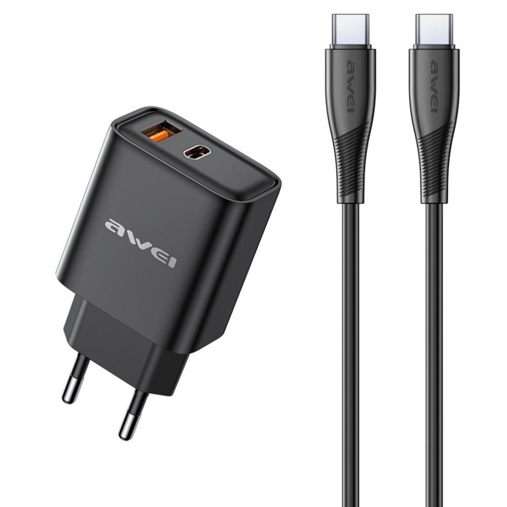 Įkroviklis Awei PD81C-EU 22.5W USB-A/USB-C + USB-C to USB-C cable 1.0m juodas