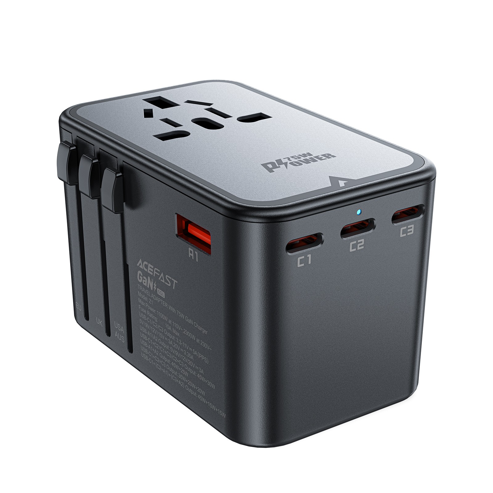 Universalus kelioninis įkroviklis Acefast Z1 75W GaN 2xUSB-A/3xUSB-C juodas