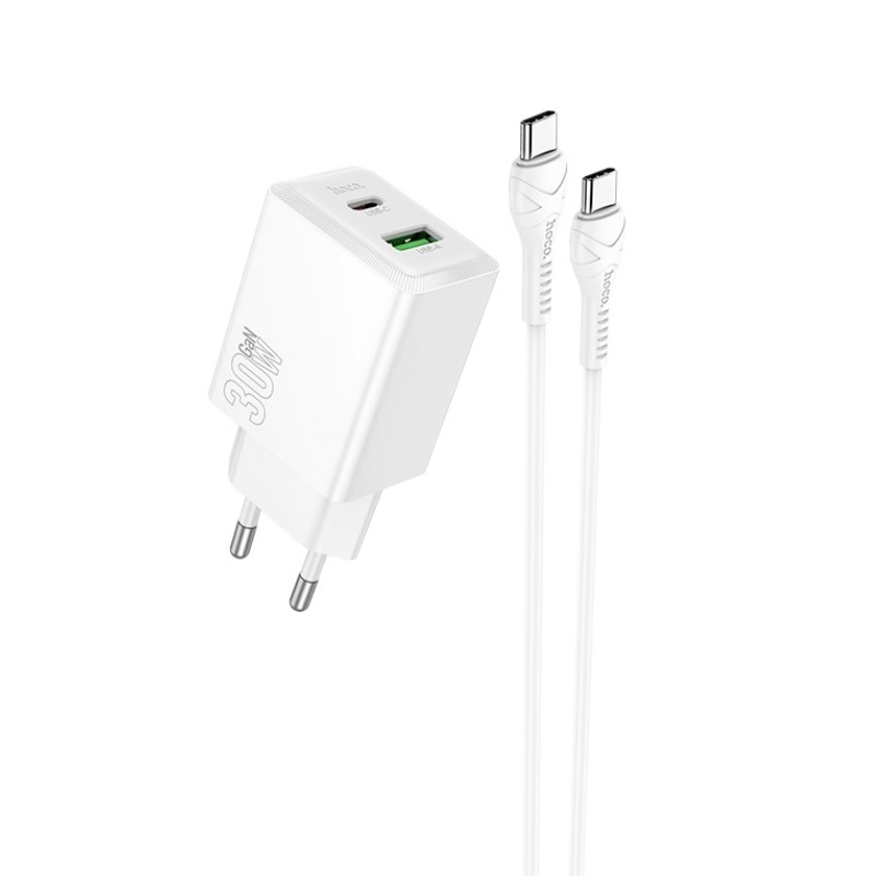 Įkroviklis Hoco N71 30W GaN USB-C/USB-A + USB-C to USB-C cable 1.0m baltas