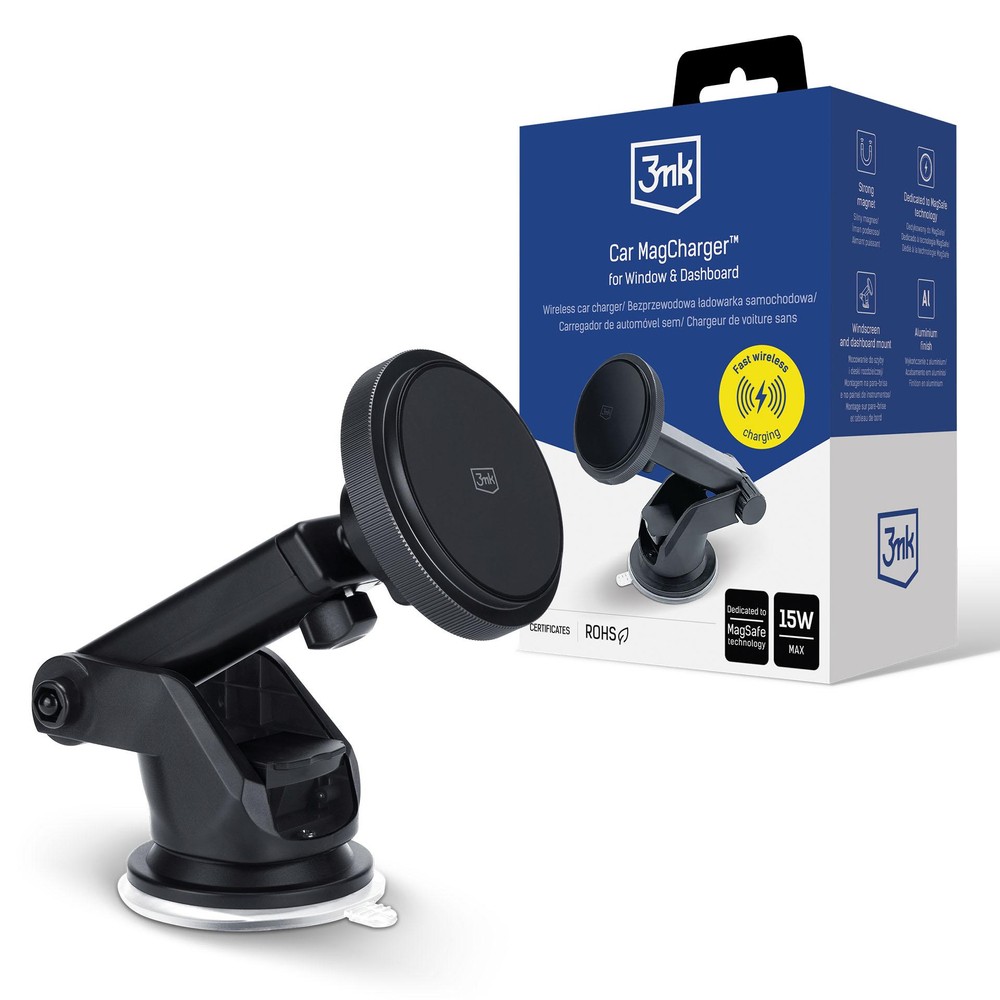 Automobilinis laikiklis-įkroviklis 3mk Car MagCharger 15W (windshield/dashboard) juodas