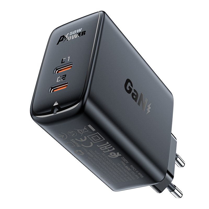 "Acefast A29 PD50W GaN (USB-C + USB-C) dviejų prievadų įkroviklis, juodas