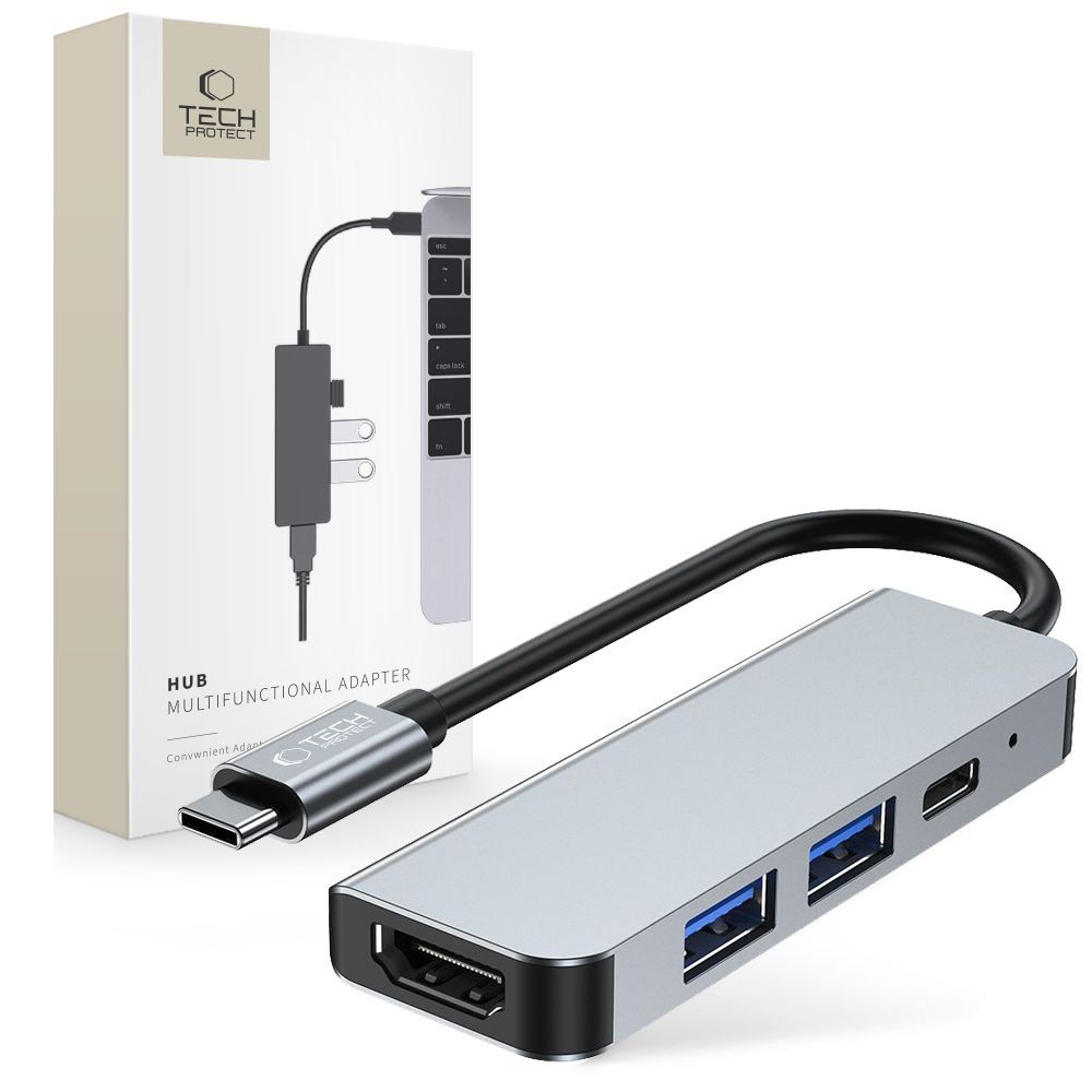 HUB Tech-Protect V2 4in1 USB-C - USB-A 3.0 / USB-A 2.0 / USB-C / HDMI - pilkas