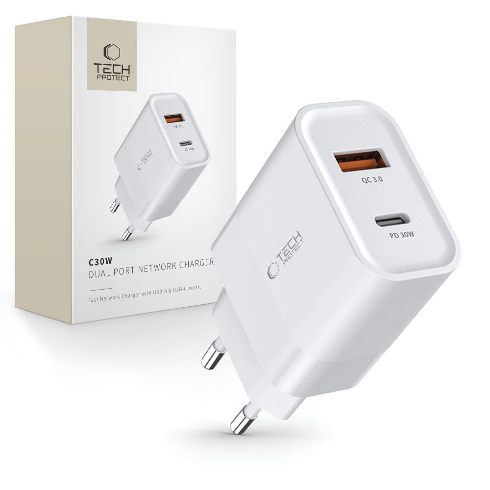 Tech-Protect C30W įkroviklis USB-C PD 30W / USB-A QC 3.0 - baltas