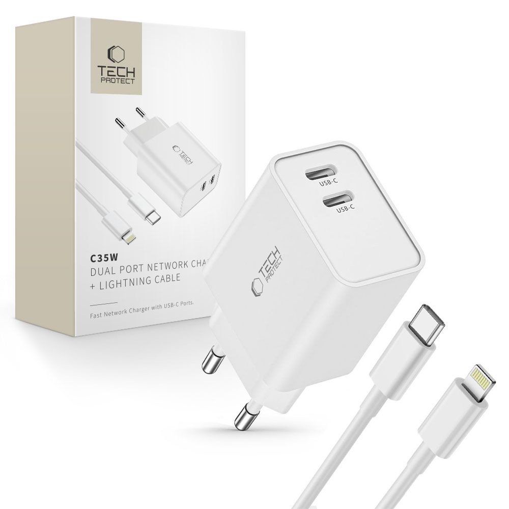 Tech-Protect C35W 2x USB-C PD 35W sieninis įkroviklis su USB-C / Lightning kabeliu - baltas