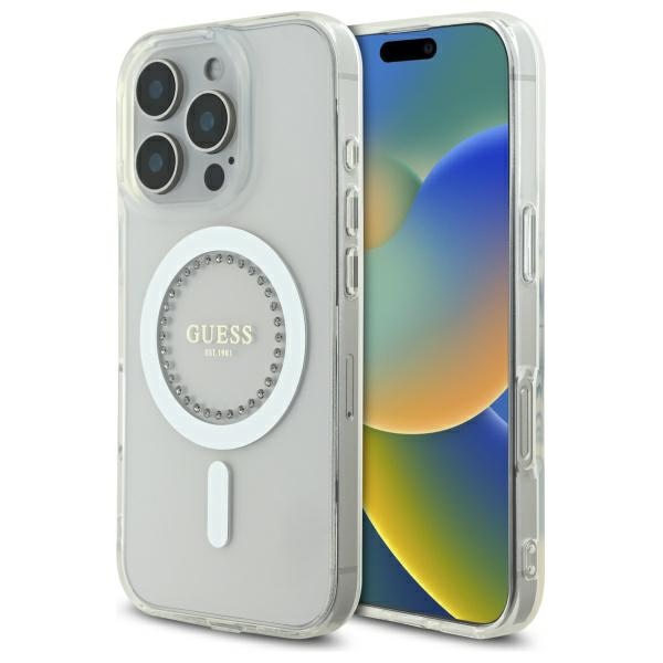 Guess IML Rhinestones magnetinis dėklas telefonui iPhone 16 Pro Max - baltas