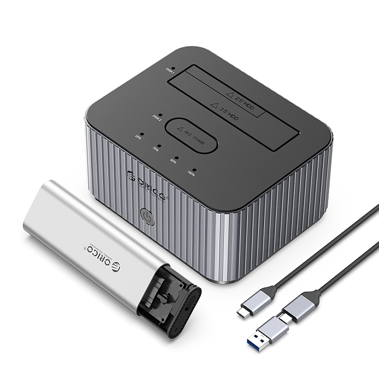 Orico IT28E-C 2 diskų prijungimo stotelė su M.2 NVME 2.5"/3.5 HDD/2.5" SSD klonavimo funkcija - pilka
