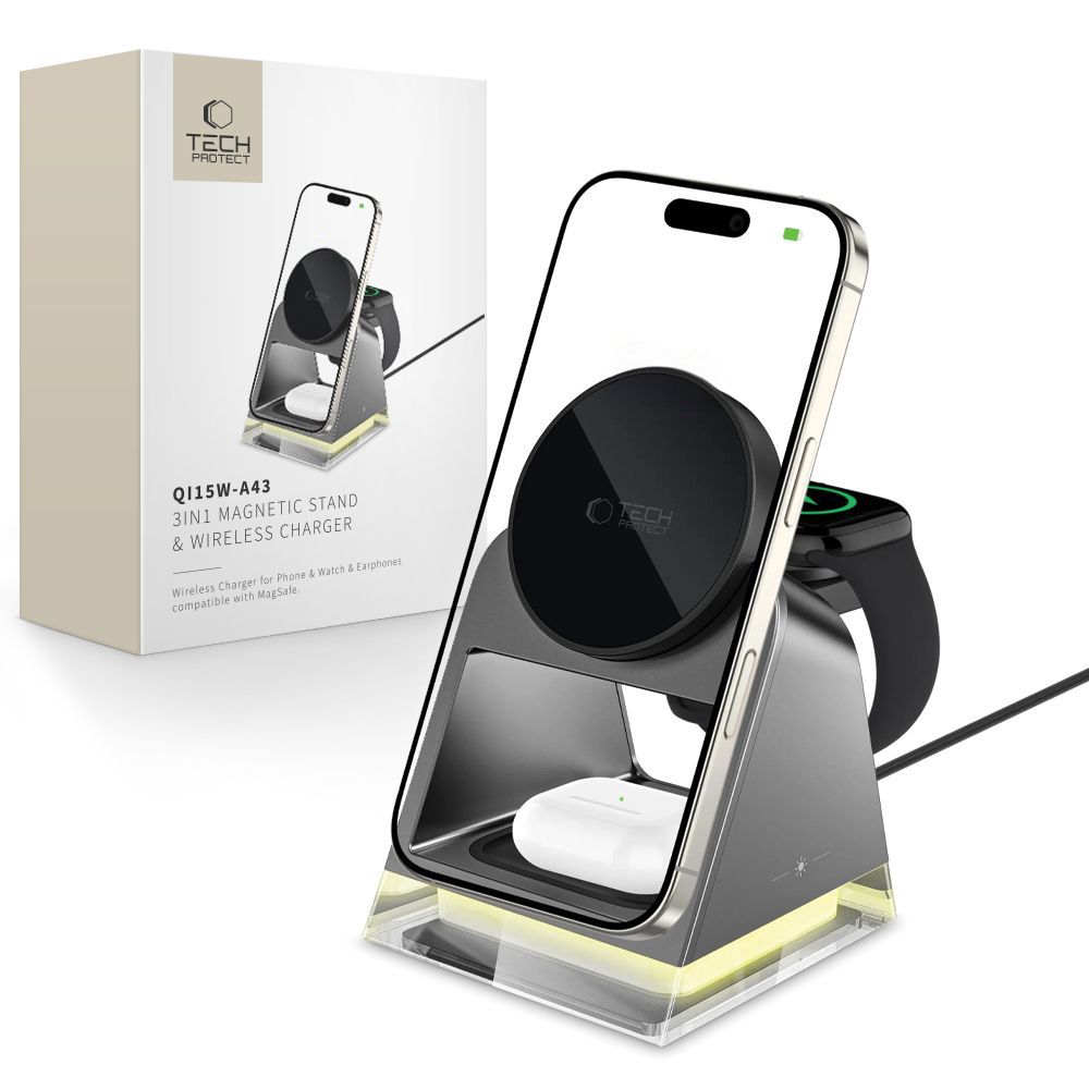 Tech-Protect QI15W-A43 3in1 belaidis įkroviklis su MagSafe Apple įrenginiams - juodas