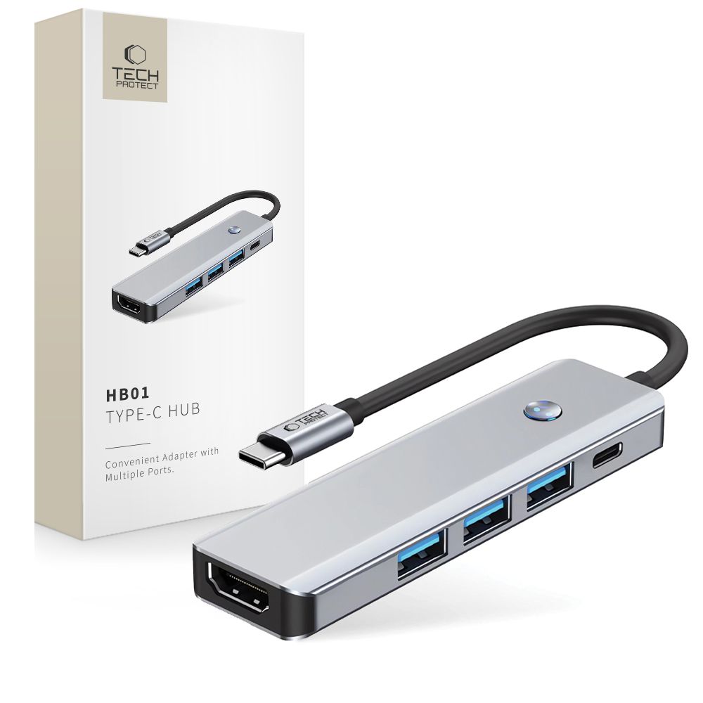 Tech-Protect HB01 HUB adapteris 5in1 USB-C + USB3.0 + HDMI 4K 60Hz + PD100W - pilkas