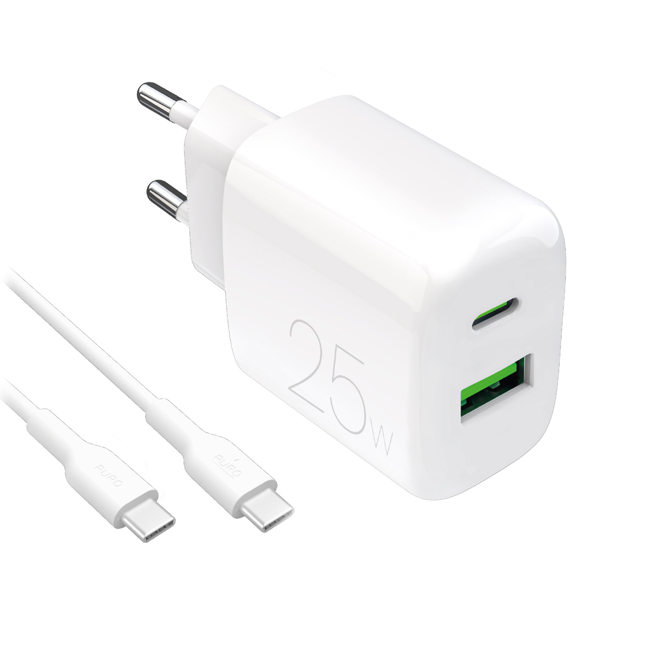 Puro PROLITE 25W USB-A / USB-C sieninis įkroviklis + USB-C - USB-C kabelis 1.2m - baltas