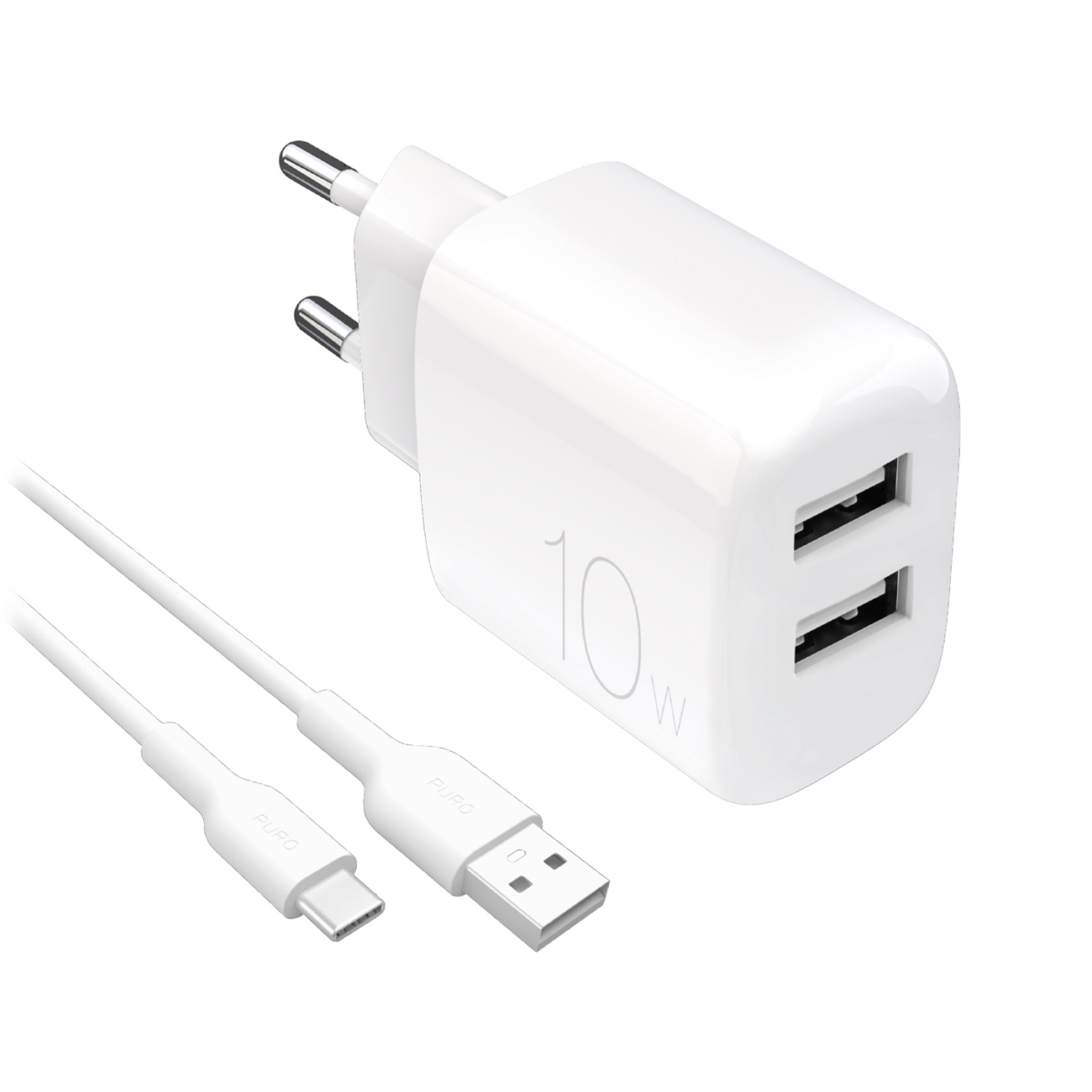 Puro PROLITE 10W 2x USB-A sieninis įkroviklis + USB-A - USB-C kabelis 1.2m - baltas