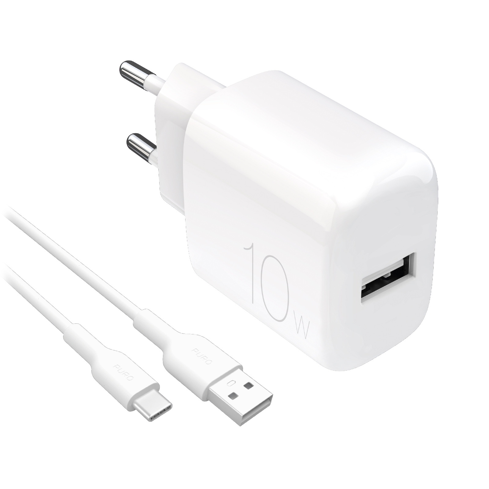 Puro PROLITE 10W USB-A sieninis įkroviklis + USB-A - USB-C kabelis 1.2m - baltas