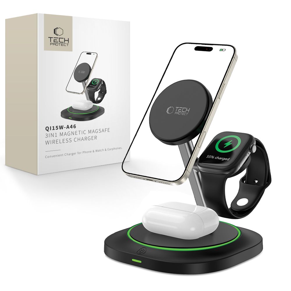 "Tech-Protect QI15W-A46 3in1" magnetinis indukcinis įkroviklis "MagSafe" - juodas