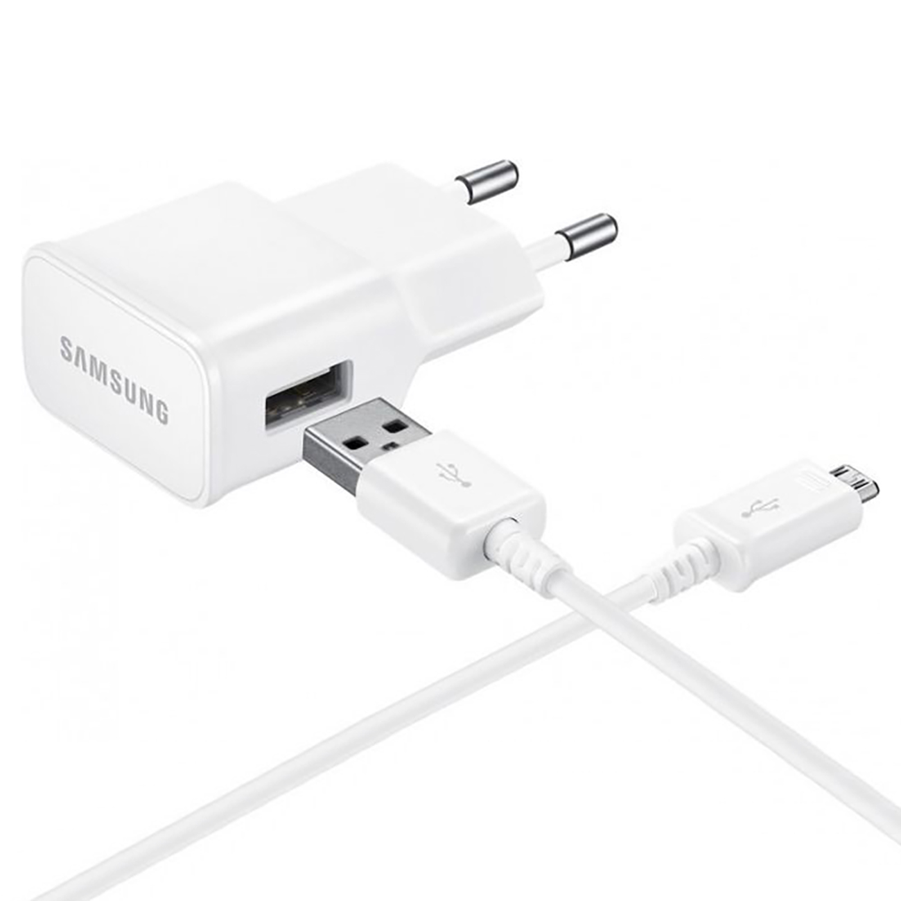 Samsung EP-TA50EWE 8W USB-A sieninis įkroviklis su MicroUSB kabeliu ECB-DU4AWE (Bulk - pakaitinė pakuotė) - baltas