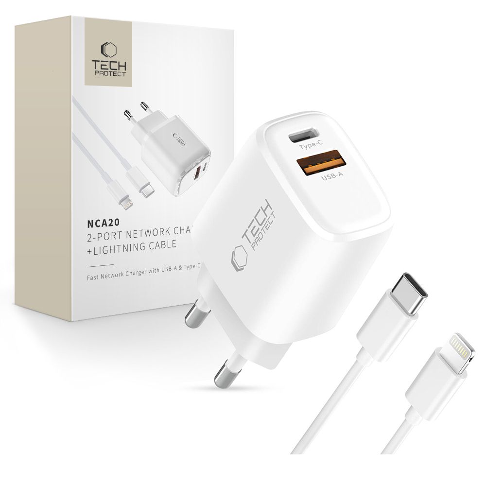 Tech-Protect NCA20 PD 20W QC3.0 USB-A / USB-C sieninis įkroviklis + USB-C / Lightning kabelis 100cm - baltas