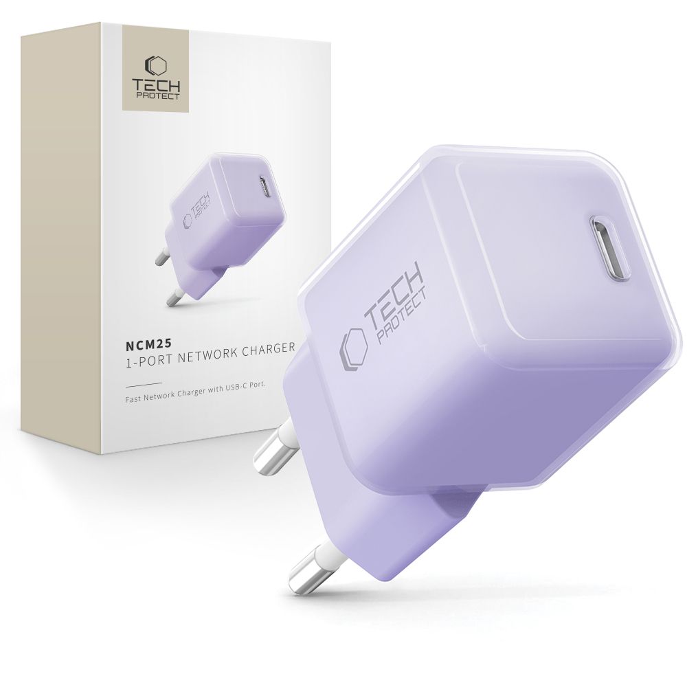 "Tech-Protect" NCM25 USB-C PD 25 W sieninis įkroviklis - violetinės spalvos