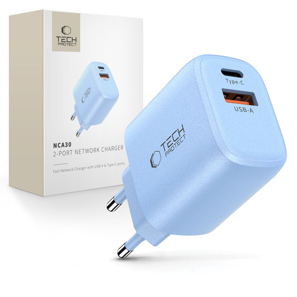 Tech-Protect NCA30 PD 30W QC3.0 USB-A / USB-C sieninis įkroviklis - mėlynas